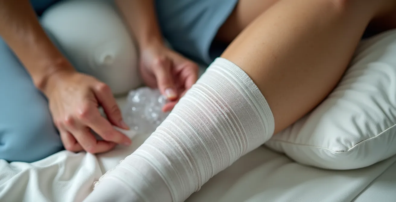 Application du protocole GREC avec poche de glace et bandage compressif sur une jambe surélevée