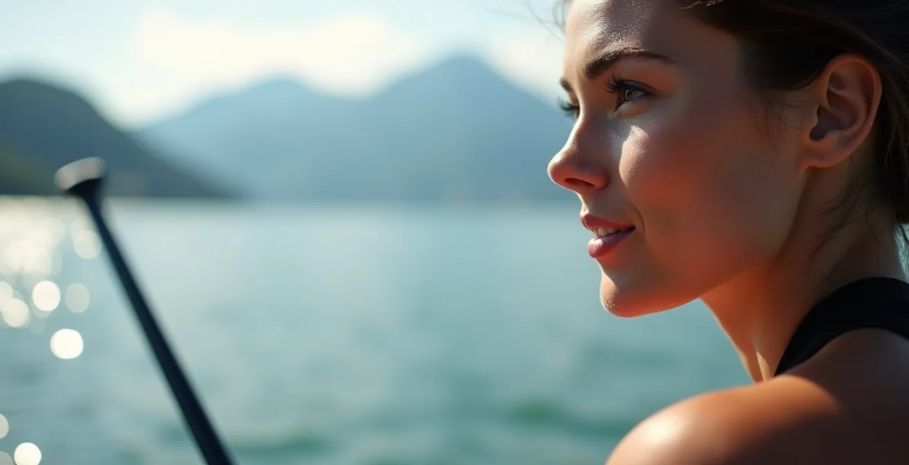 Gros plan sur le visage d'un pratiquant de SUP regardant l'horizon avec les montagnes suisses en arrière-plan