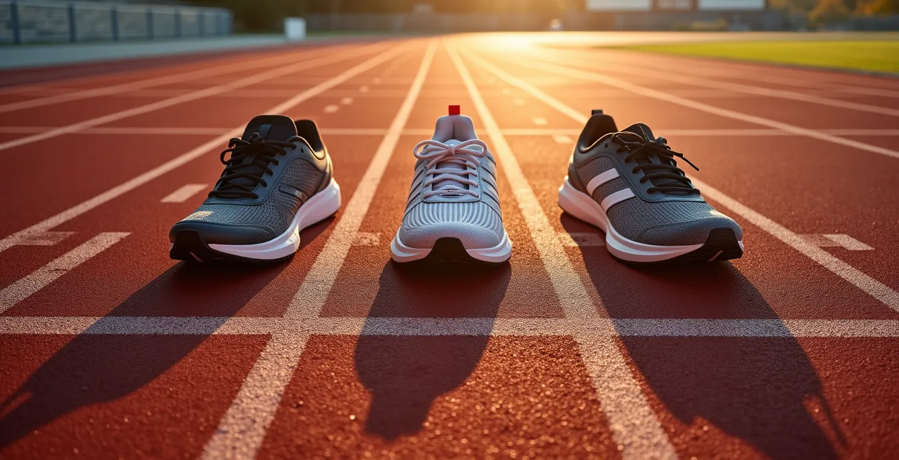 Vue aérienne de trois paires de chaussures de course disposées en triangle sur une piste d'athlétisme