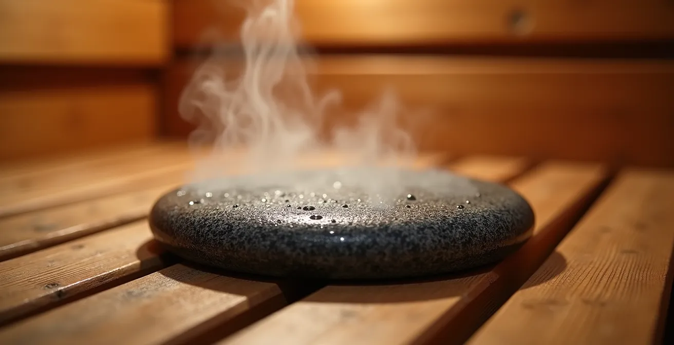 Intérieur d'un sauna en bois avec pierres chaudes et bancs étagés dans une atmosphère vaporeuse