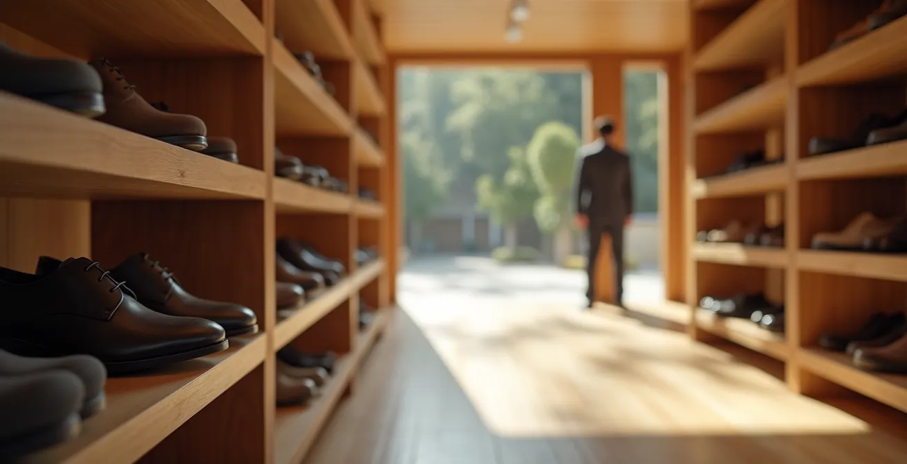 Rangée de chaussures de ville alignées à l'entrée d'un dojo, symbolisant la transition du monde professionnel au silence martial
