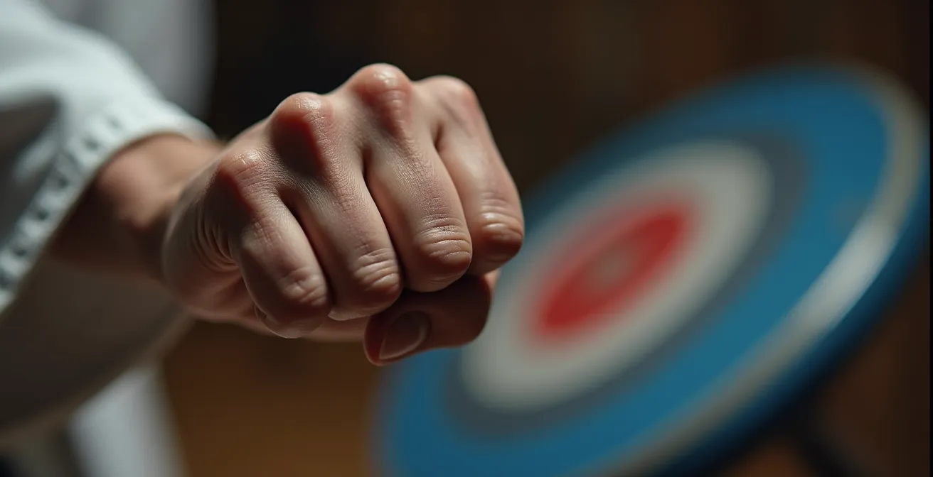 Gros plan sur une main de karatéka arrêtée à quelques millimètres d'une cible