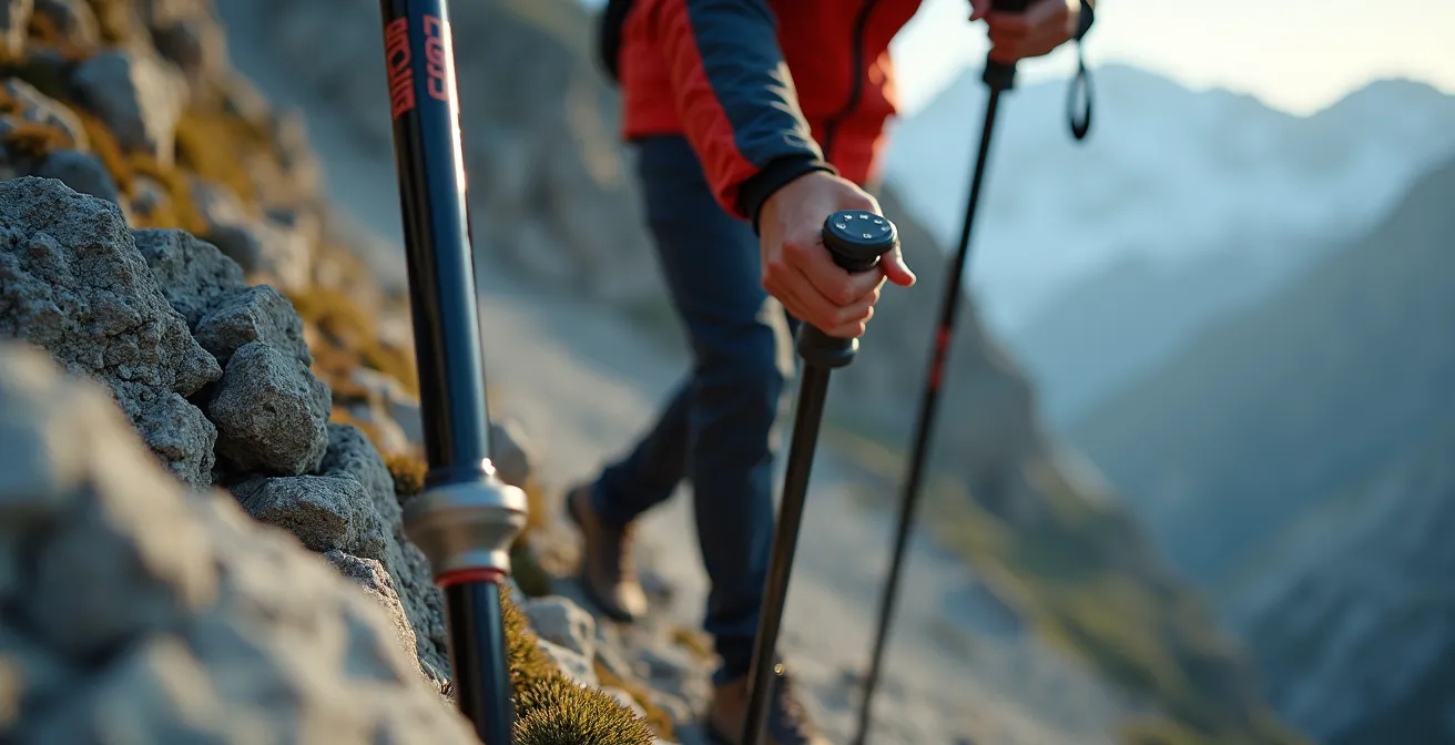 Technique de marche active avec bâtons sur pente raide alpine