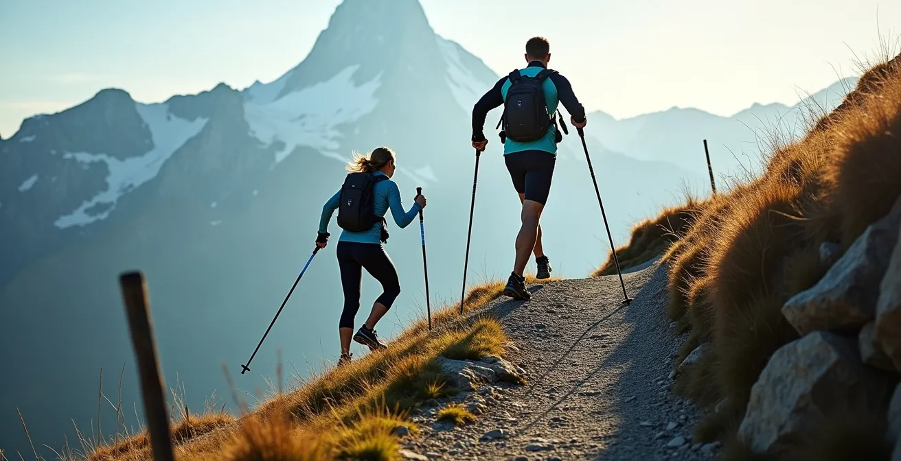 Marcheur nordique ajustant ses bâtons sur un sentier de montagne suisse avec vue panoramique