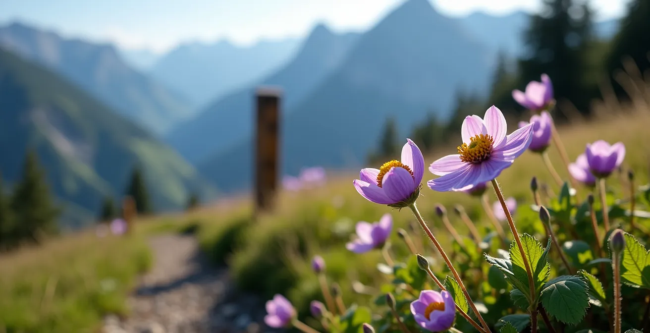 Gros plan sur une composition photographique respectueuse avec fleurs alpines au premier plan