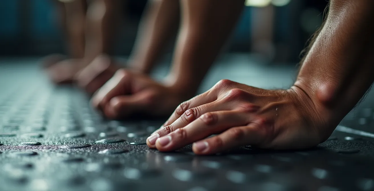 Gros plan sur les mains d'un athlète en position de pompe montrant la tension musculaire