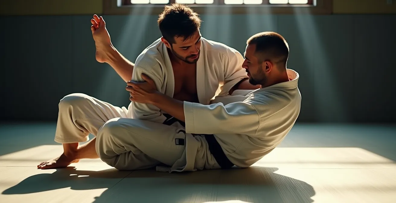 Vue latérale d'un pratiquant en pleine chute contrôlée sur un tatami