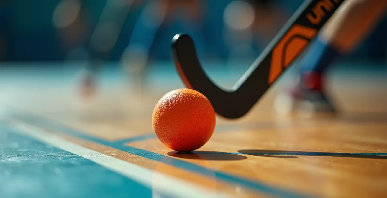 Gros plan sur une canne d'unihockey et une balle orange sur le sol d'un gymnase