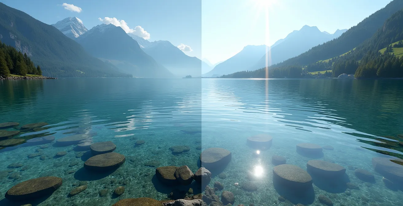 Vue splitée montrant l'effet des verres polarisants sur l'eau du lac Léman