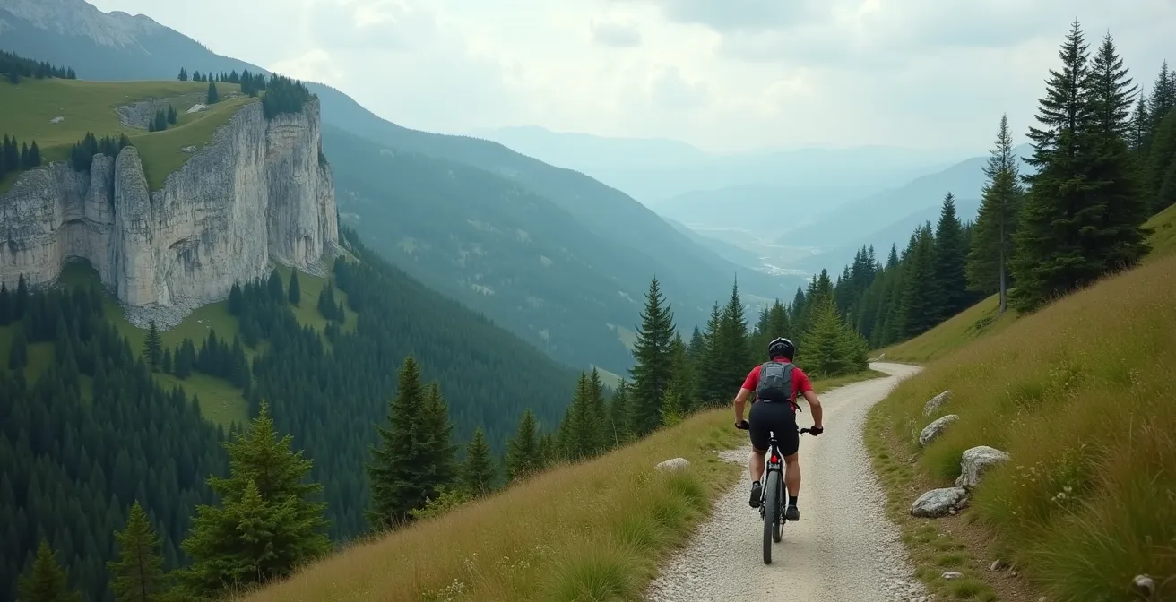 VTTiste utilisant un VTT électrique en mode Eco sur un sentier du Jura suisse