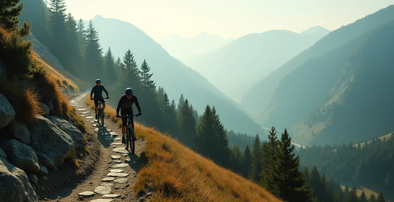 Cyclistes en VTT électrique et classique dans une montée raide du Jura suisse