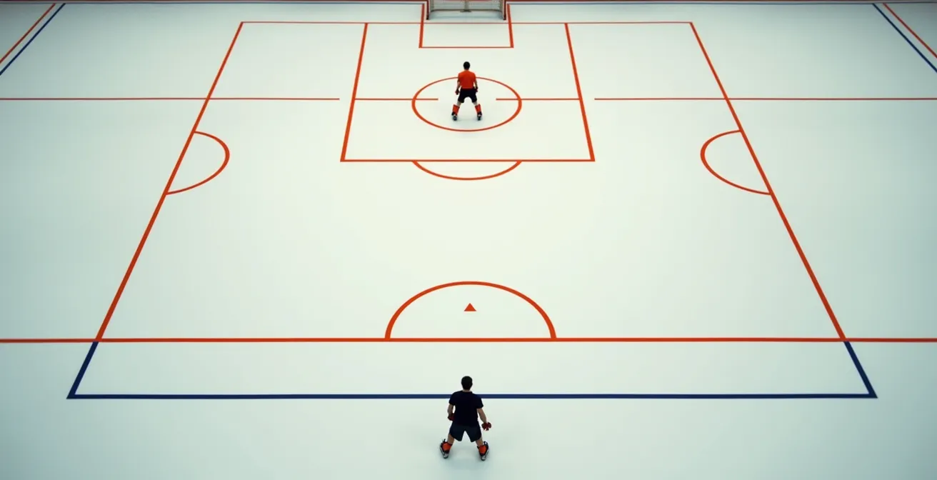 Vue aérienne d'une zone de gardien d'unihockey avec marquage au sol