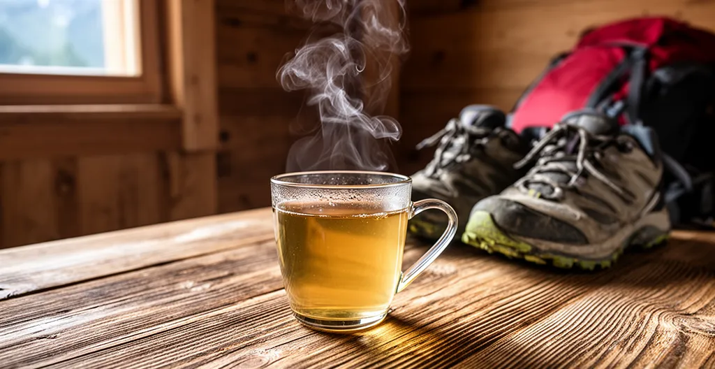 Tasse de thé fumante récupération sportive avec équipement trail arrière-plan