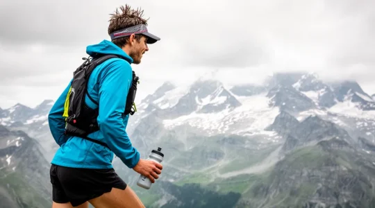 Sportif en pause récupération avec gourde devant paysage alpin suisse après effort trail