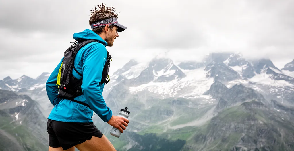 Sportif en pause récupération avec gourde devant paysage alpin suisse après effort trail