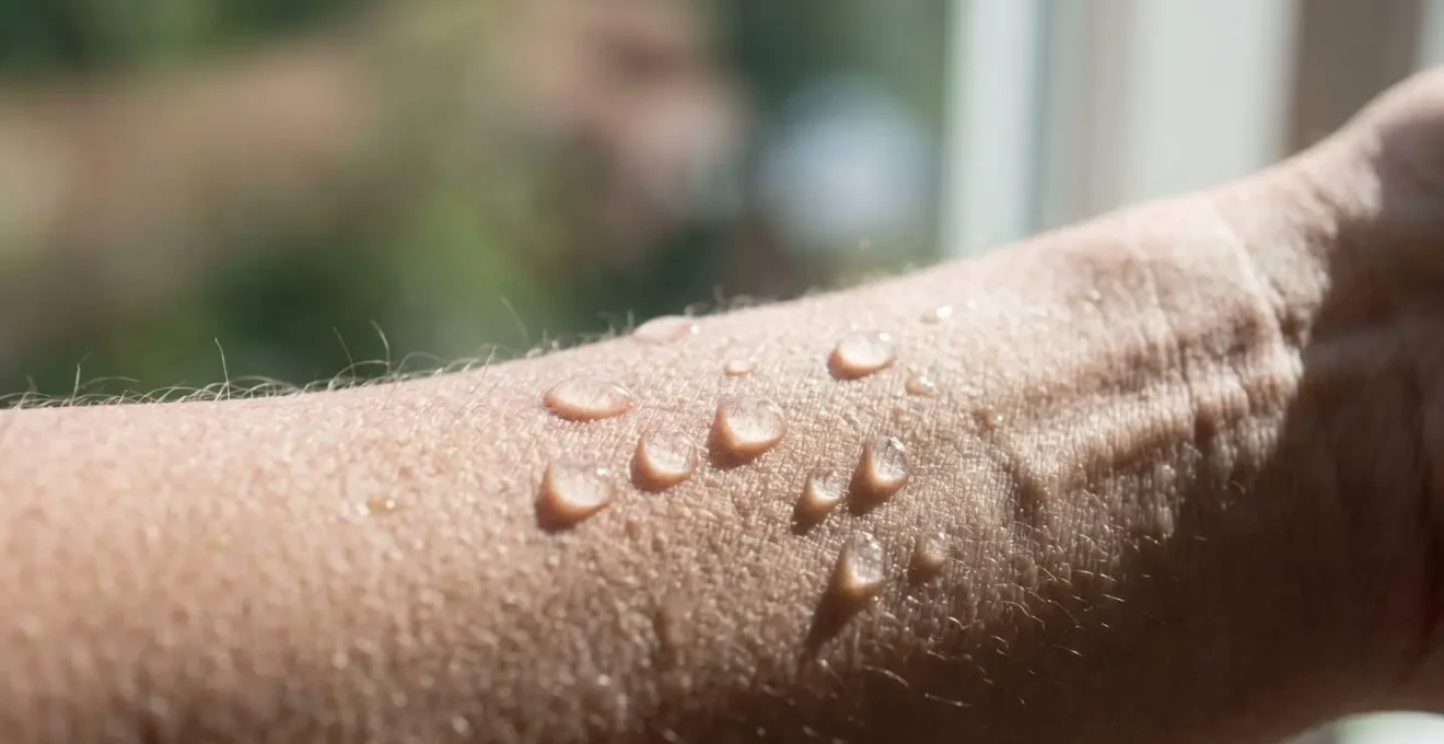 Gros plan macro de perles de transpiration sur la peau d'un avant-bras, texture cutanée nette, arrière-plan totalement flouté en bokeh naturel