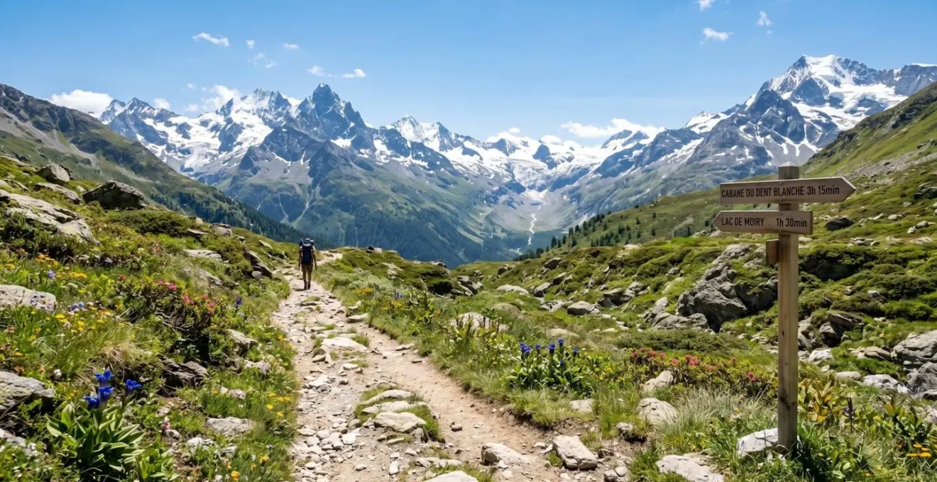 Sentier de randonnée serpentant dans les alpages valaisans sous un ciel bleu éclatant, végétation alpine au premier plan, sommets rocheux en arrière-plan
