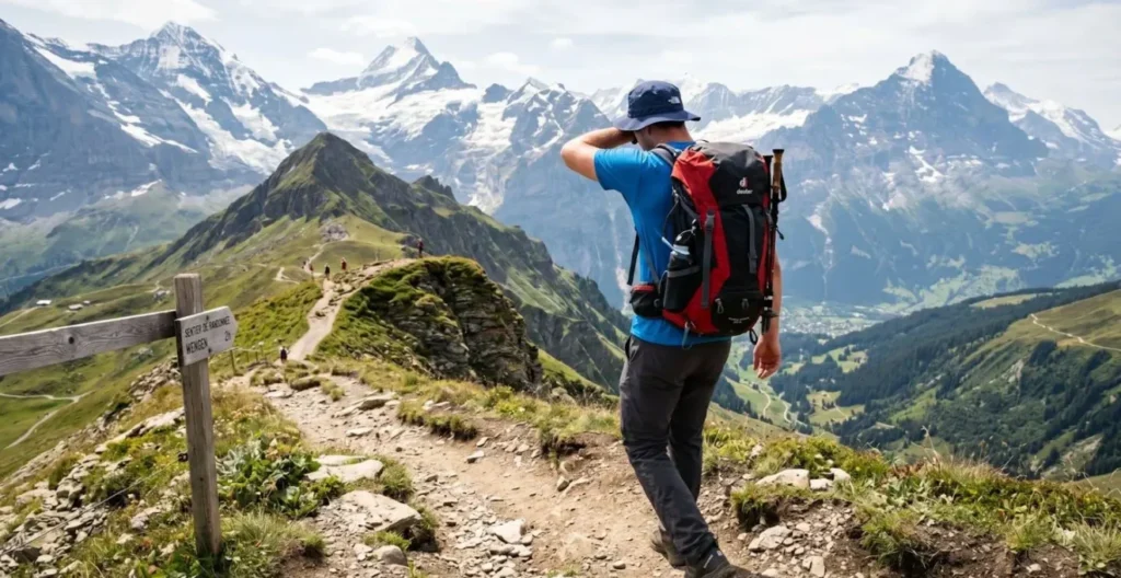 Randonneur vu de dos essuyant son front avec l'avant-bras sur un sentier de montagne, sac à dos technique visible, sommets alpins flous en arrière-plan Randonneur vu de dos essuyant son front avec l'avant-bras sur un sentier de montagne, sac à dos technique visible, sommets alpins flous en arrière-plan